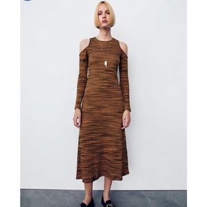 Zara brown knit MISSONI like cut out shoulder long maxi ribbed dress